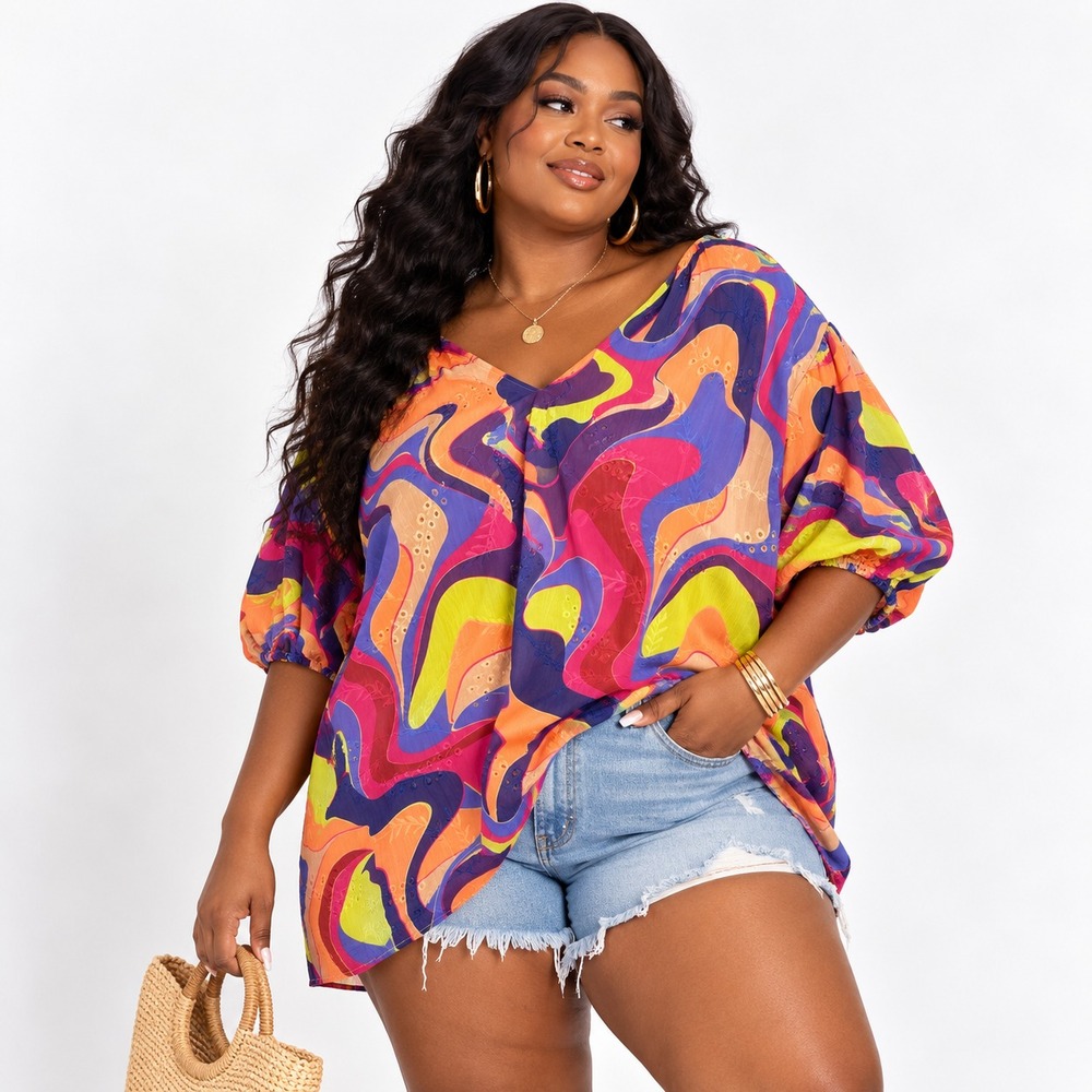 Nicole Miller V-neck Womans Blouse Top Multicolor Abstract Print Sheer Summer 3X